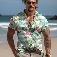 Flamingos Casual Men's Shirt Outdoor Street Casual Daily Summer Turndown Short Sleeve Pink Blue Green S M L Shirt Lightinthebox - thumbnail