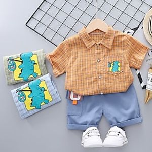 Kids Boys Shirt  Shorts Clothing Set 2 Pieces Short Sleeve Green Blue Orange Cartoon Dragon Plaid Ruched Print Street Outdoor Active Daily Regular 1-5 Years Lightinthebox