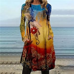 Women's Shift Dress Knee Length Dress Yellow Long Sleeve Floral Pocket Print Fall Spring Crew Neck Casual Vacation 2022 S M L XL XXL 3XL Lightinthebox