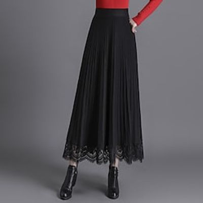 Women's Streetwear Swing Skirts Office / Career Casual Daily Solid Colored Pleated Black Gray Khaki One-Size / Maxi / Lace / Loose miniinthebox