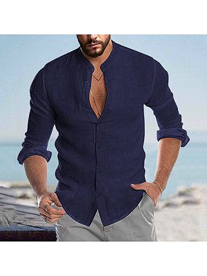 Men's Casual Linen Shirt Band Collar Long Sleeve Button Down Shirt