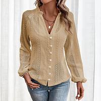 Women's Shirt Blouse Cotton Plain Daily Button Smocked Puff Sleeve White Long Sleeve Casual V Neck Spring Summer Lightinthebox