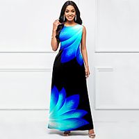 Women's Swing Dress Maxi long Dress Blue Purple Yellow Blushing Pink Grey Green Sky Blue Dark Purple White Black Sleeveless Multi Color Print Spring Summer Round Neck Elegant Casual 2021 S M L XL XXL Lightinthebox - thumbnail