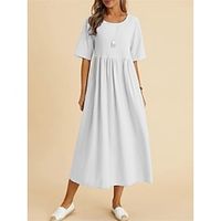 Women's Casual Dress Cotton Linen Dress White Dress Midi Dress Linen Cotton Blend Basic Modern Daily Weekend Crew Neck Ruched Half Sleeve Summer Spring 2023 Loose Fit Black White Navy Blue Plain S M Lightinthebox