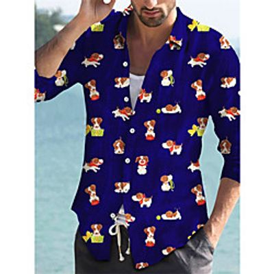 Men's Shirt 3D Print Dog Animal Turndown Street Casual Button-Down Print Long Sleeve Tops Casual Fashion Breathable Blue  Spring  Summer Lightinthebox