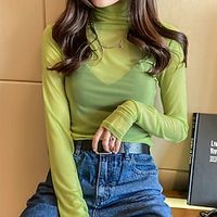 Women's T shirt Tee Plain Orange Green Rose Pink Long Sleeve Casual Daily Modern High Neck Regular Fit Spring   Fall Lightinthebox - thumbnail