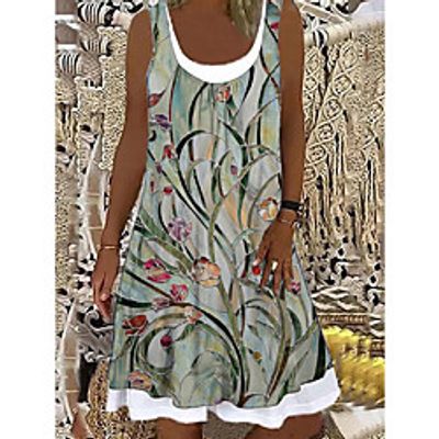 Women's Shift Dress Knee Length Dress Light Green Sleeveless Floral Print Spring Summer Boat Neck Casual 2021 S M L XL XXL 3XL Lightinthebox