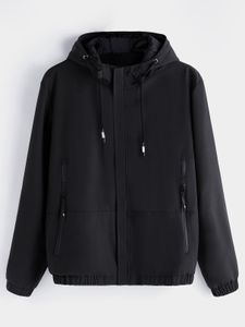 Men's Zippered Side Pocket Hooded Windbreaker Jacket in Black