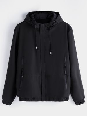Men's Zippered Side Pocket Hooded Windbreaker Jacket in Black
