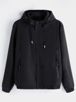Men's Zippered Side Pocket Hooded Windbreaker Jacket in Black - thumbnail