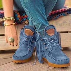Women's Boots Outdoor Office Work Tassel Shoes Plus Size Booties Ankle Boots Winter Tassel Flat Heel Round Toe Vintage Walking Shoes Faux Leather Zipper Solid Colored Black Green Brown Lightinthebox