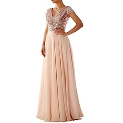 Women's Swing Dress Maxi long Dress Party Dress Light Blue Short Sleeve Pure Color V Neck Sequins Chiffon Evening Dress Ruched Patchwork Spring Summer Personalized Stylish Elegant Luxurious miniinthebox
