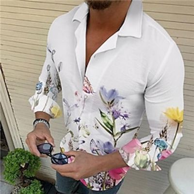 Men's Shirt Summer Hawaiian Shirt Graphic Shirt Floral Turndown White Yellow Light Green Pink Blue 3D Print Outdoor Casual Long Sleeve Button-Down Print Clothing Apparel Fashion Designer Casual miniinthebox
