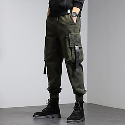 Men's Cargo Pants Trousers Drawstring Multi Pocket Solid Color Breathable Wearable Casual Daily Cotton Blend Streetwear Stylish ArmyGreen Black Micro-elastic Lightinthebox