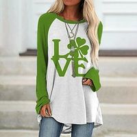 Women's T shirt Tee Grass Green White Army Green Leaf St. Patrick's Day Print Long Sleeve Holiday Weekend Basic Round Neck Long Floral Painting S miniinthebox - thumbnail
