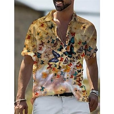 Men's Shirt Summer Hawaiian Shirt Butterfly Graphic Prints Turndown Yellow Light Green Navy Blue Royal Blue Sky Blue Casual Holiday Short Sleeve Button-Down Print Clothing Apparel Tropical Fashion miniinthebox