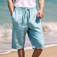 Men's Shorts Linen Shorts Summer Shorts Drawstring Elastic Waist Straight Leg Plain Comfort Breathable Short Casual Daily Holiday Linen Cotton Blend Fashion Classic Style Sky Blue miniinthebox