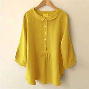 Women's Plus Size Tops Blouse Shirt Plain Button 3/4 Length Sleeve Shirt Collar Basic Fall Summer Blue Purple Yellow Big Size L XL XXL 3XL 4XL miniinthebox