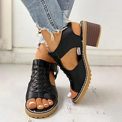 Women's Sandals Block Heel Sandals Daily Beach Summer Low Heel Peep Toe Casual PU Leather Zipper Solid Colored Black White Beige miniinthebox