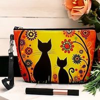 Women's Makeup Bag Pen Bag Wristlet Cosmetic Bag PU Leather Daily Holiday Travel Print Large Capacity Lightweight Durable Cat Flower Light Red Red Fuchsia Lightinthebox