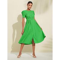 Cotton and Linen Solid Button Round Midi Dress Lightinthebox