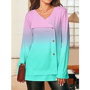 Women's T shirt Tee Color Gradient Yellow Pink Blue Print Patchwork Button Long Sleeve Daily Weekend Fashion V Neck Regular Fit Spring Lightinthebox