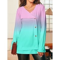 Women's T shirt Tee Color Gradient Yellow Pink Blue Print Patchwork Button Long Sleeve Daily Weekend Fashion V Neck Regular Fit Spring Lightinthebox - thumbnail