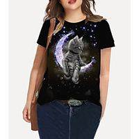 Women's Plus Size Tops T shirt Print Cat Graphic Moon Large Size Crewneck Short Sleeve Basic Big Size XL XXL 3XL 4XL 5XL Black Lightinthebox - thumbnail