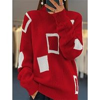 Women's Pullover Sweater Jumper Stand Collar Ribbed Knit Acrylic Knitted Fall Winter Regular Outdoor Christmas New Year Fashion Streetwear Casual Long Sleeve Geometric White Yellow Red S M L miniinthebox - thumbnail