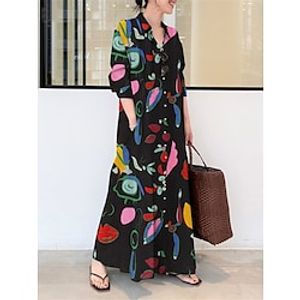 Women's Shirt Dress Casual Dress Shift Dress Maxi long Dress Outdoor Daily Polyester Fashion Casual Shirt Collar Button Print Long Sleeve Winter Fall Spring 2023 Loose Fit Black Yellow Red Abstract S Lightinthebox