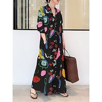 Women's Shirt Dress Casual Dress Shift Dress Maxi long Dress Outdoor Daily Polyester Fashion Casual Shirt Collar Button Print Long Sleeve Winter Fall Spring 2023 Loose Fit Black Yellow Red Abstract S Lightinthebox - thumbnail