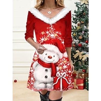 Women's Casual Dress Christmas Dress Winter Dress Snowman Snowflake Print V Neck Mini Dress Active Fashion Outdoor Christmas Long Sleeve Regular Fit Wine Fall Winter S M L XL XXL Lightinthebox