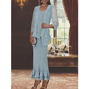 Two Piece Mermaid  Trumpet Mother of the Bride Dress Formal Wedding Guest Elegant Casual V Neck Ankle Length Lace Linen  Cotton Blend Sleeveless Jacket Dresses with Ruffles Appliques 2023 Lightinthebox