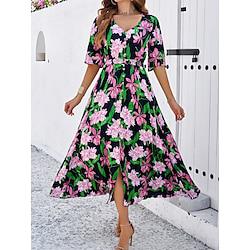 Women's Casual Dress Swing Dress Floral Split Print V Neck Long Dress Maxi Dress Streetwear Holiday Vacation Short Sleeve Summer Lightinthebox