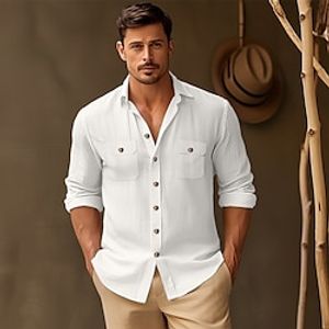 45% Linen Pocket Men's Shirt Linen Shirt Button Up Shirt Beach Shirt Black White Khaki Long Sleeve Plain Lapel Spring   Fall Outdoor Daily Clothing Apparel Lightinthebox