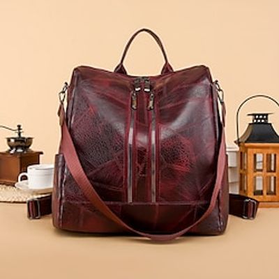 Women's Backpack Functional Backpack School Traveling Solid Color PU Leather Large Capacity Zipper Wine Black Brown Lightinthebox