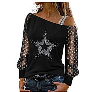 Women's Painting T shirt Heart Music Star Mesh Patchwork Cold Shoulder One Shoulder Basic Tops White Black Gray / Print miniinthebox