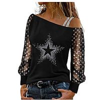 Women's Painting T shirt Heart Music Star Mesh Patchwork Cold Shoulder One Shoulder Basic Tops White Black Gray / Print miniinthebox - thumbnail