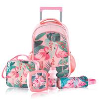 Eazy Kids 17 Inch Set Of 5 Trolley School Bag With Lunch Bag, Pencil Case, Lunch Box And Water Bottle Tropical - Pink