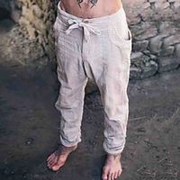 Men's Linen Pants Trousers Summer Pants Beach Pants Pocket Drawstring Plain Comfort Breathable Daily Holiday Vacation Hawaiian Boho Army Green Khaki Lightinthebox