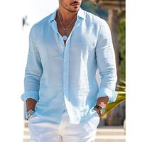 Men's Shirt Linen Shirt Button Up Shirt Summer Shirt Beach Shirt Blue Long Sleeve Plain Collar Spring Summer Casual Daily Clothing Apparel Lightinthebox