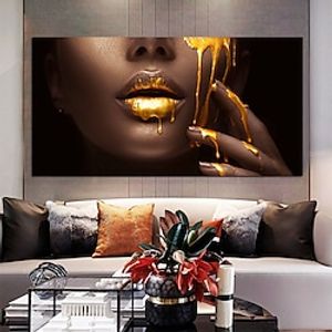 Wall Art Canvas Poster Painting Artwork Picture Gold Lips Woman Home Decoration Décor Rolled Canvas No Frame Unframed Unstretched Lightinthebox