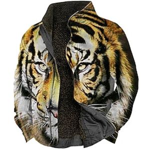 Animal Tiger Artistic Men's Sherpa Jacket Coat Sports  Outdoor Daily Wear Going out Fall  Winter Stand Collar Long Sleeve Yellow Gray S M L Polyester Jacket Lightinthebox