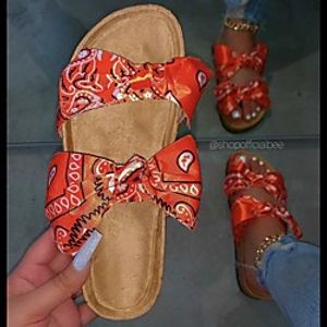 Women's Sandals Flat Heel Round Toe PU Bowknot Color Block White Red Blue Lightinthebox
