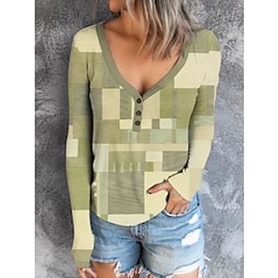 Women's T shirt Tee Henley Shirt Plaid Casual Red Blue Purple Print Button Long Sleeve Fashion V Neck Regular Fit Spring   Fall Lightinthebox