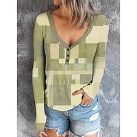 Women's T shirt Tee Henley Shirt Plaid Casual Red Blue Purple Print Button Long Sleeve Fashion V Neck Regular Fit Spring   Fall Lightinthebox - thumbnail