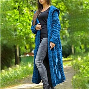 Women's Cardigan Sweater Knitted Front Pocket Solid Color Chunky Long Sleeve Sweater Cardigans Hooded Fall Winter Blue Yellow Wine miniinthebox