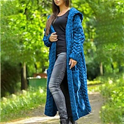 Women's Cardigan Sweater Knitted Front Pocket Solid Color Chunky Long Sleeve Sweater Cardigans Hooded Fall Winter Blue Yellow Wine miniinthebox