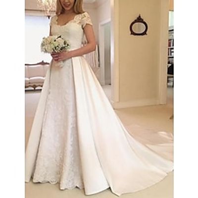 Formal Wedding Dresses A-Line Scoop Neck Short Sleeve Chapel Train Satin Bridal Gowns With Pleats Solid Color 2023 Lightinthebox