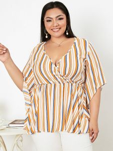 YOINS Plus Size Deep V Neck Striped Crossed Front Design Blouse